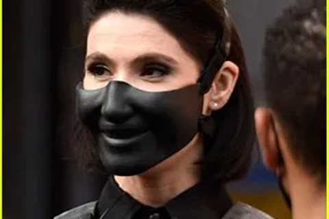 Gemma Arterton wears an interesting mask for Heist in the Disney+ Culprits set